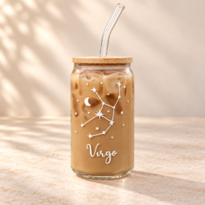 Vaso de vidrio personalizado con constelación del zodiaco en color blanco