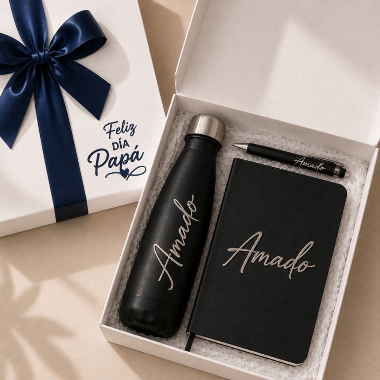 Regalo personalizado para papá con termo y libreta negra.